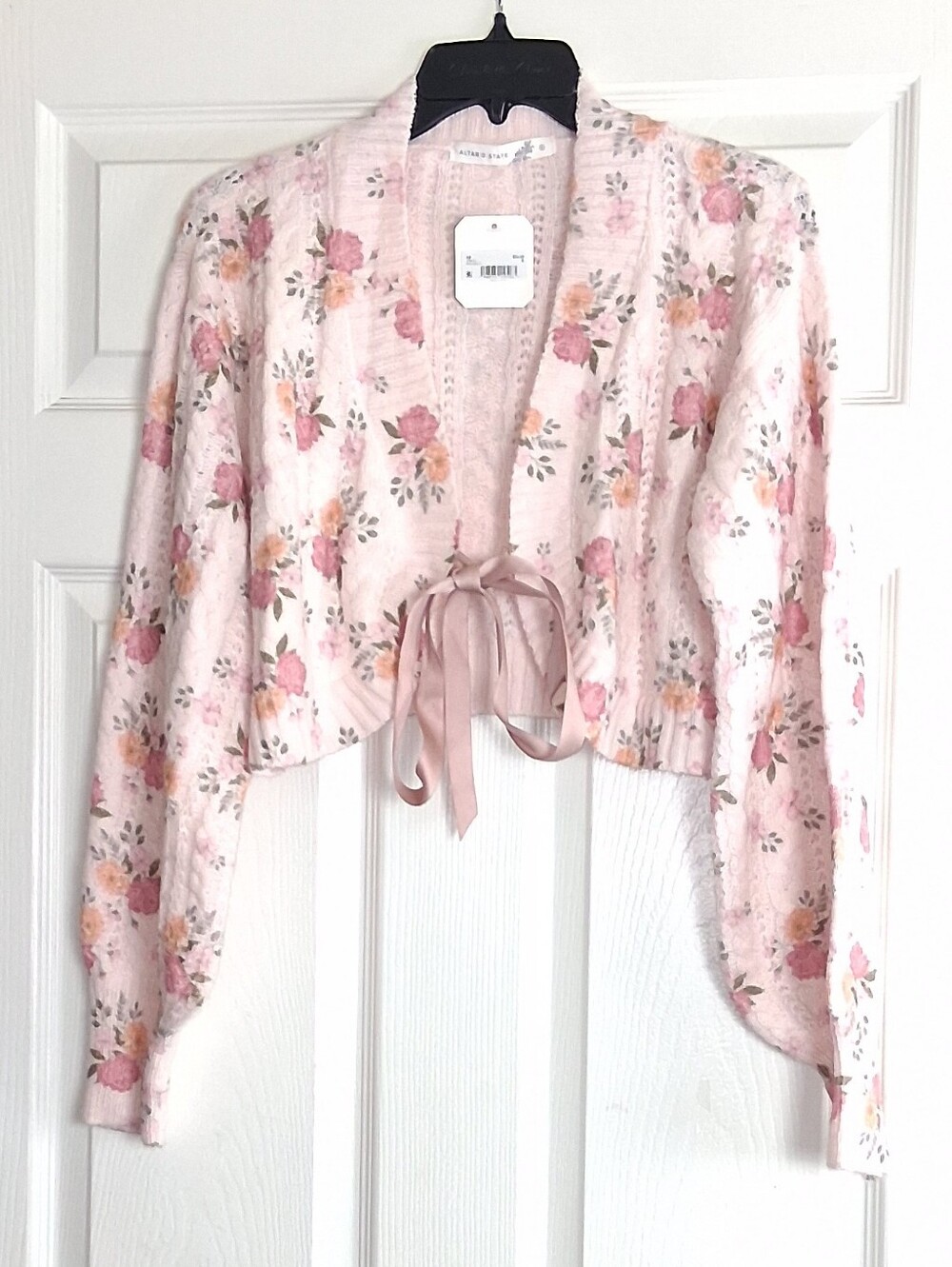 Alter'd State Floral Cable Knit Bolero Satin Ribbon Closure Cardigan Sweater